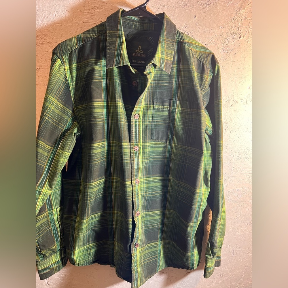 Prana Multicolor Green Textured Plaid Shirt M